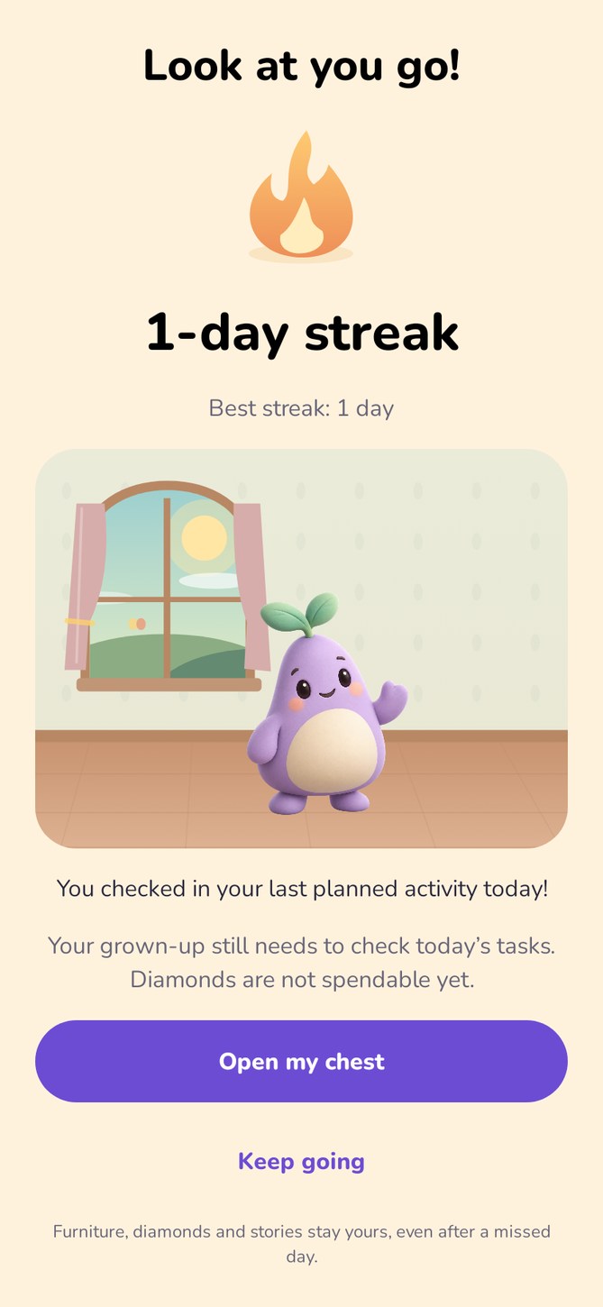 A day celebration appears in the child task flow.