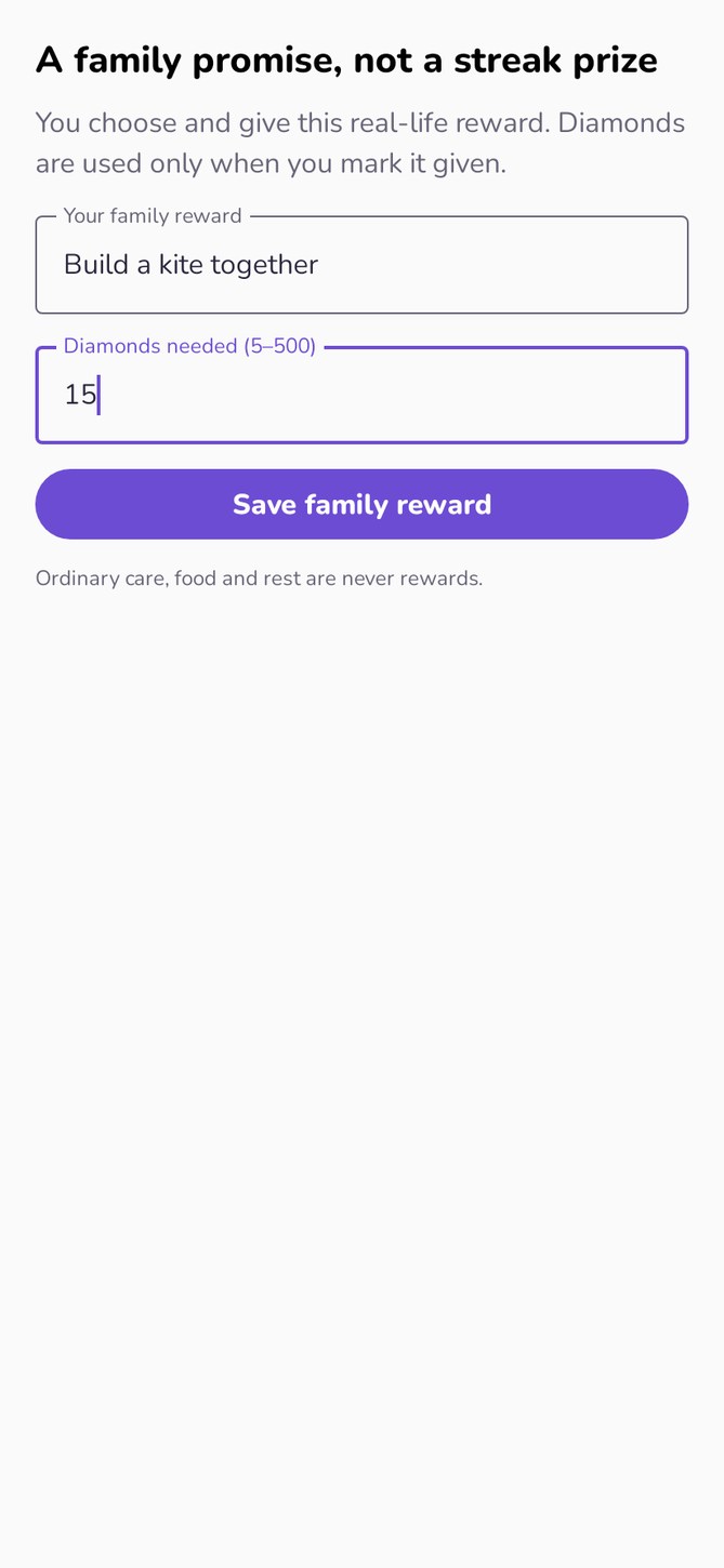 Custom family reward and editable diamond cost.